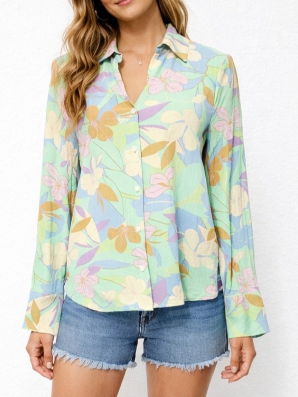 Womens Floral Button Up Blouse Lightweight Top Colorful Shirt Medium Sanctuary